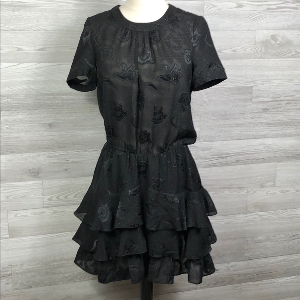 Cooper & Ella Phoebe Ruffled Black Dress Womens XS Short Sleeve Midi